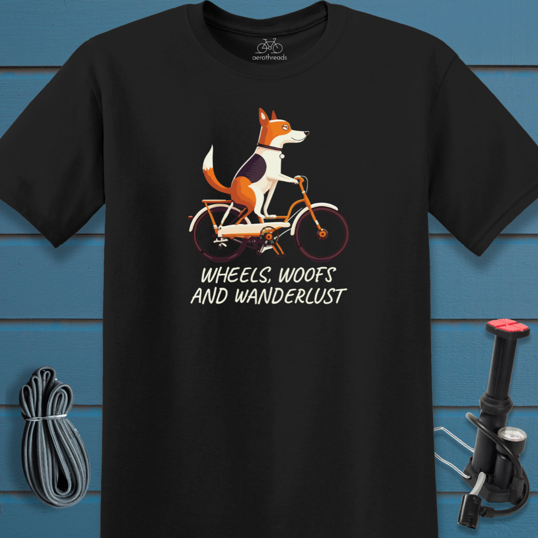 Wheels, woofs and wanderlust t-shirt