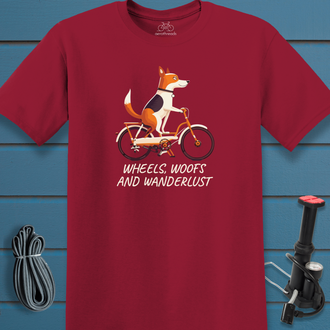 Wheels, woofs and wanderlust t-shirt