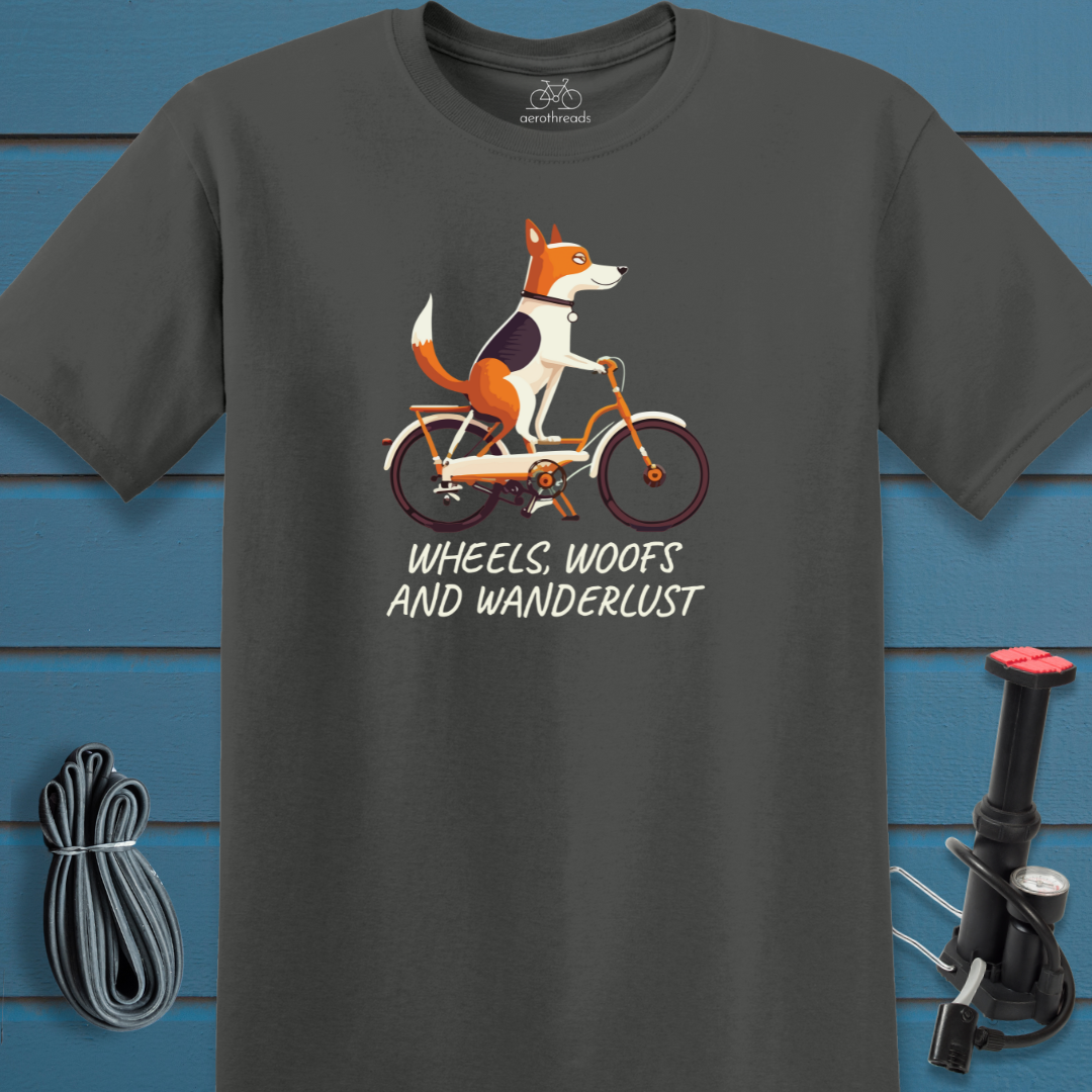 Wheels, woofs and wanderlust t-shirt