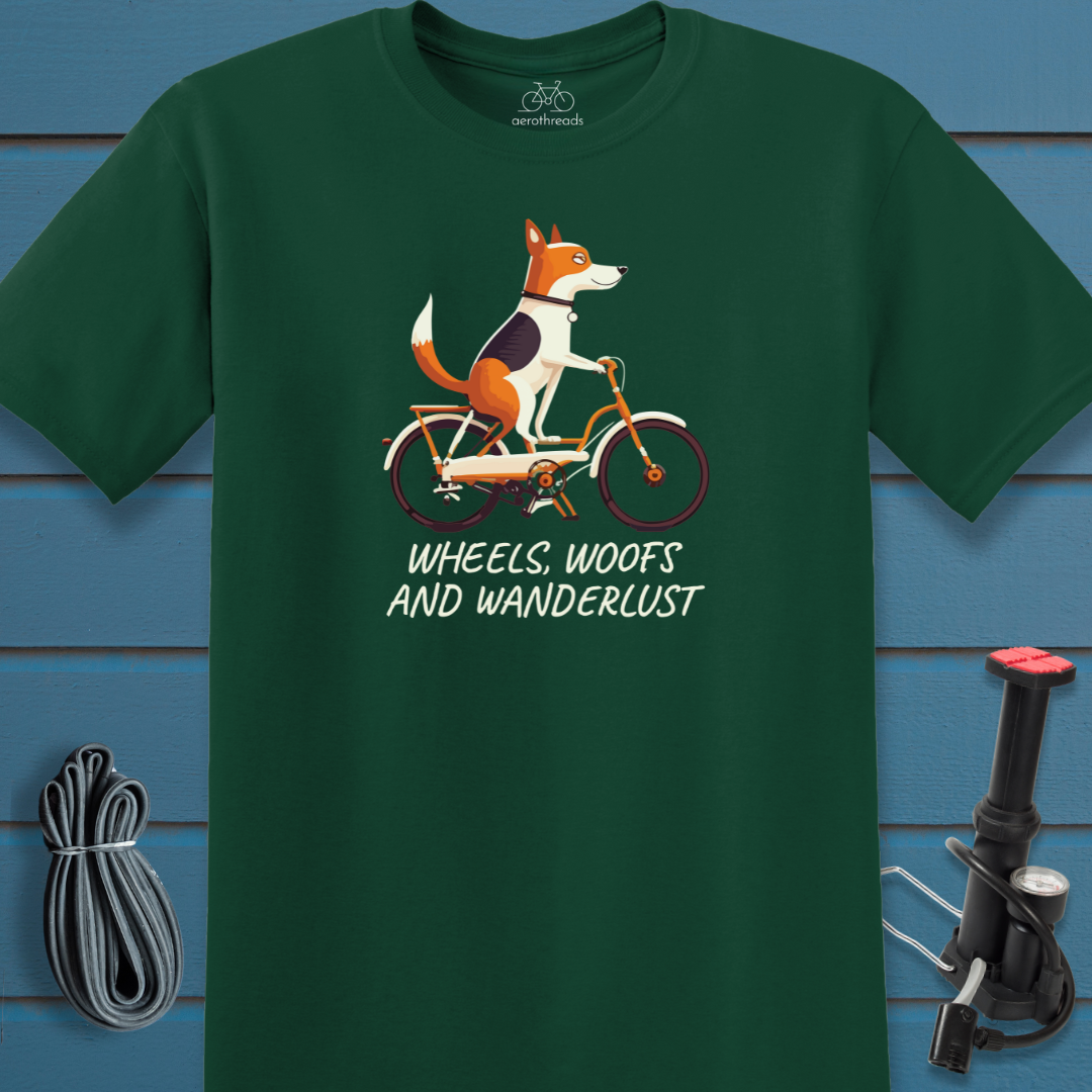 Wheels, woofs and wanderlust t-shirt