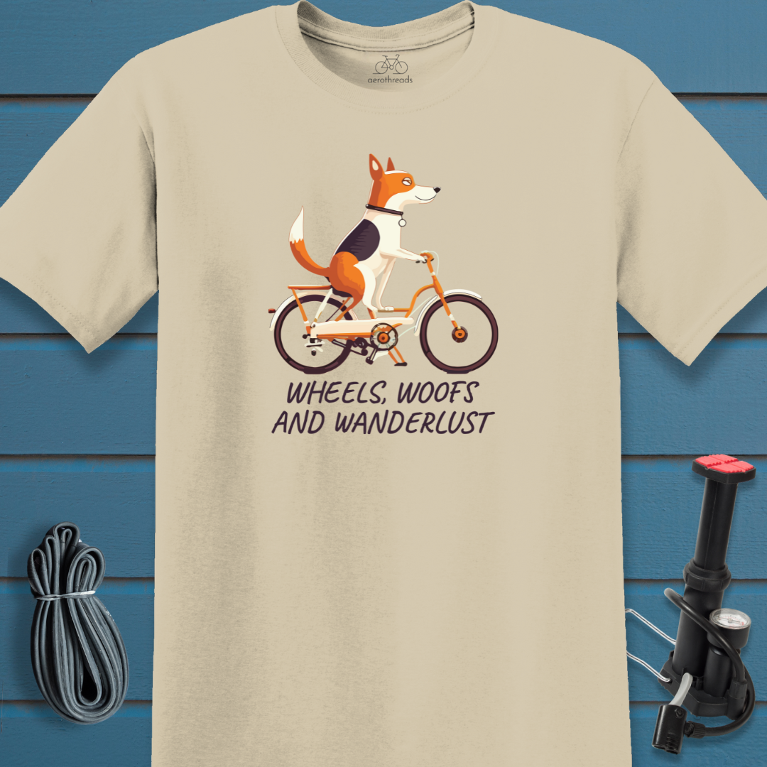 Wheels, woofs and wanderlust t-shirt